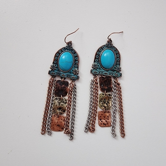 COPY - NWT Turquoise Antique Metal Bohemian Western Chain Dangle Earrings - Picture 1 of 7